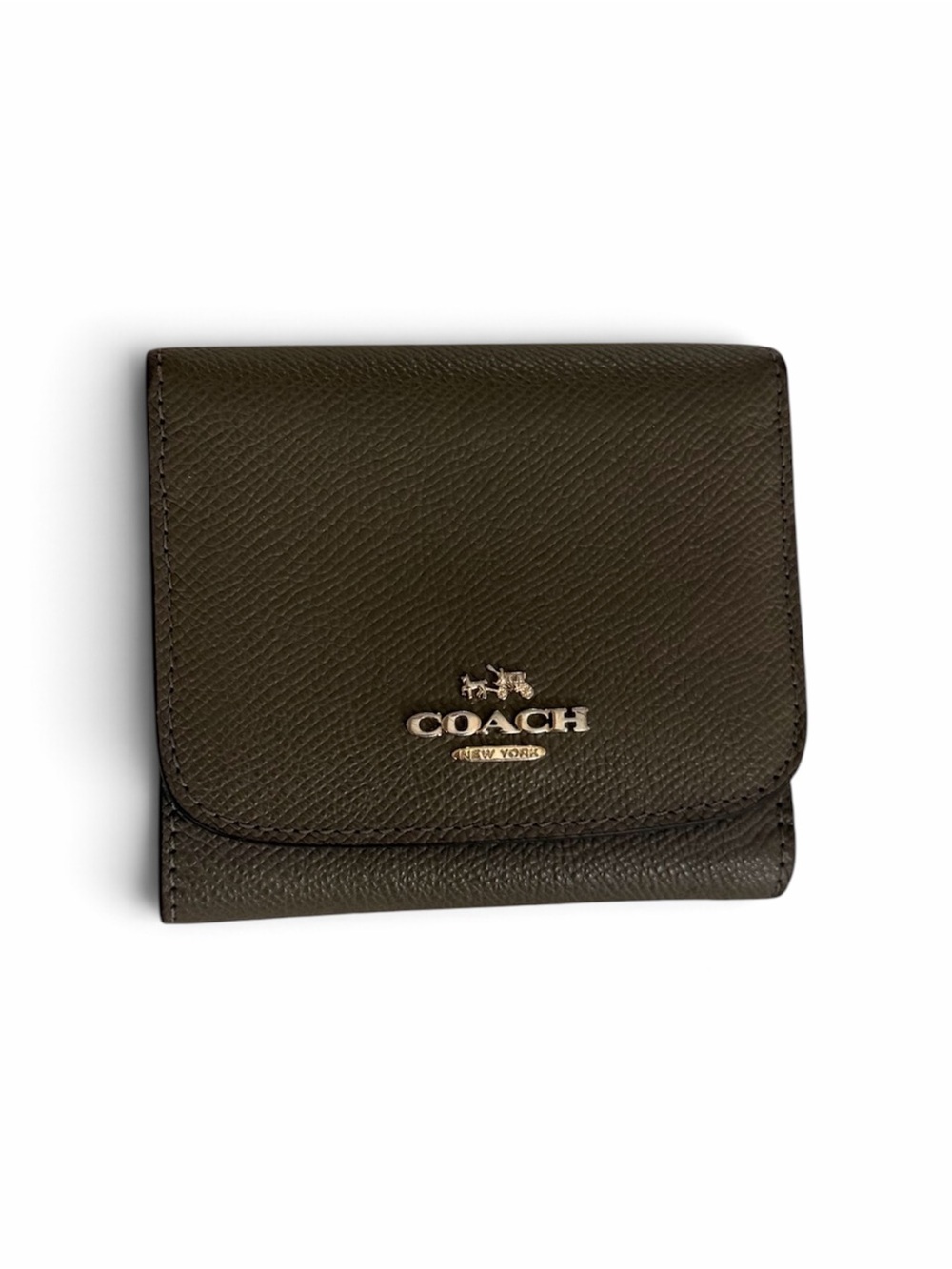 COACH Olive Green Pebbled Leather Trifold Card Holder with Gold Logo